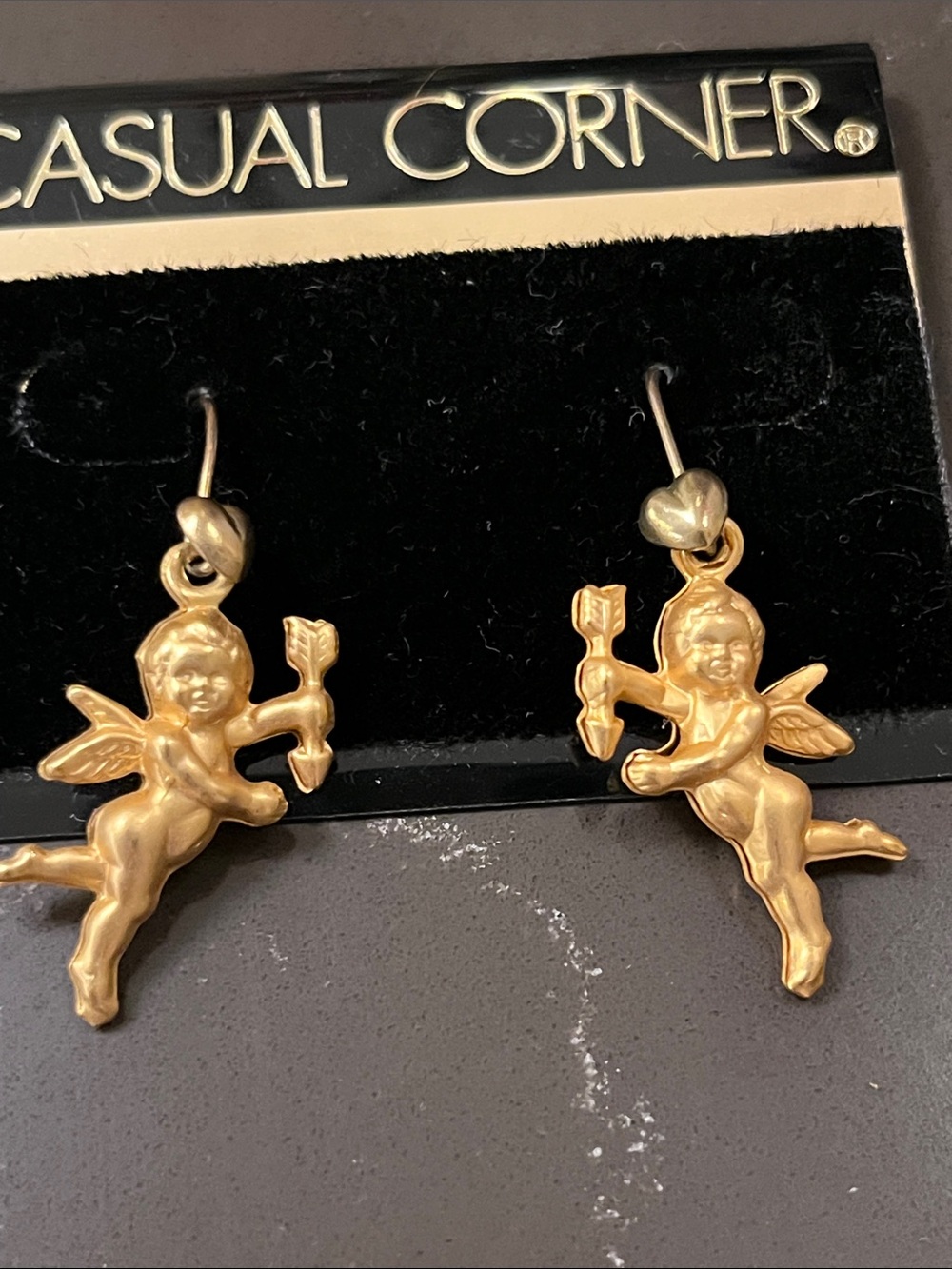 Casual Corner Goldtone Brass Cherub Drop Earrings with Heart Hooks